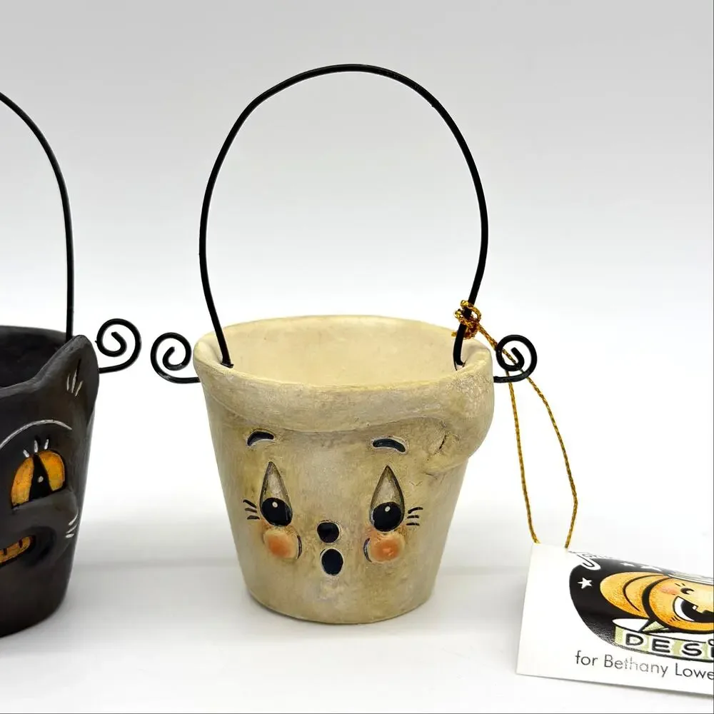 Bethany Lowe Johanna Parker 2 Boo & Cat Teeny Halloweenie Pail Ornaments NEW